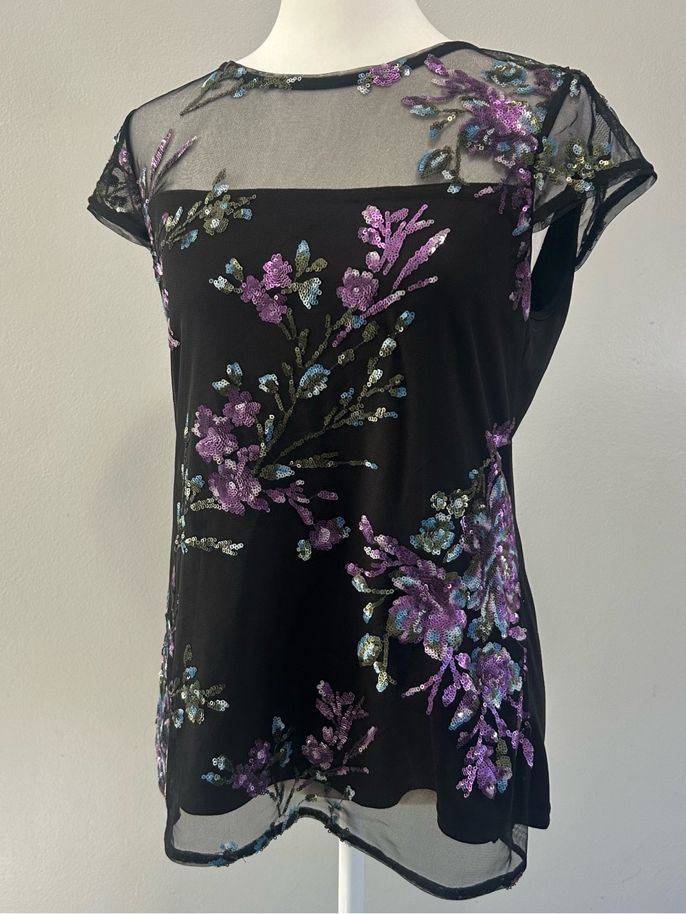 Sheer Embroidered Floral Sequin Top - Black with Purple & Blue - Picture 3 of 7